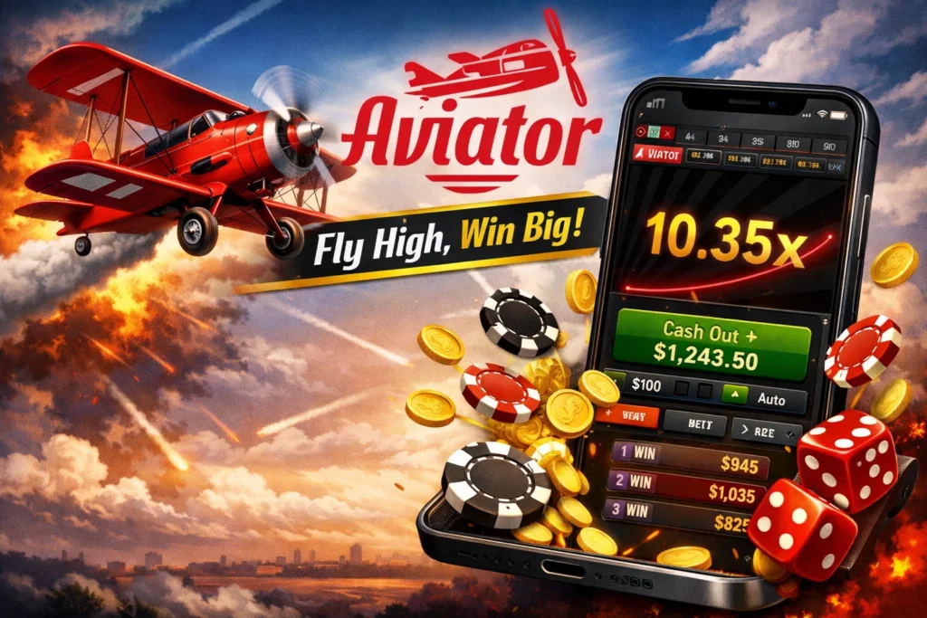 Aviator game ad: red propeller plane soaring, smartphone showing 10.35x multiplier, $100 bet, Cash Out $1,243.50, flying chips and coins, 'Fly High, Win Big!' slogan