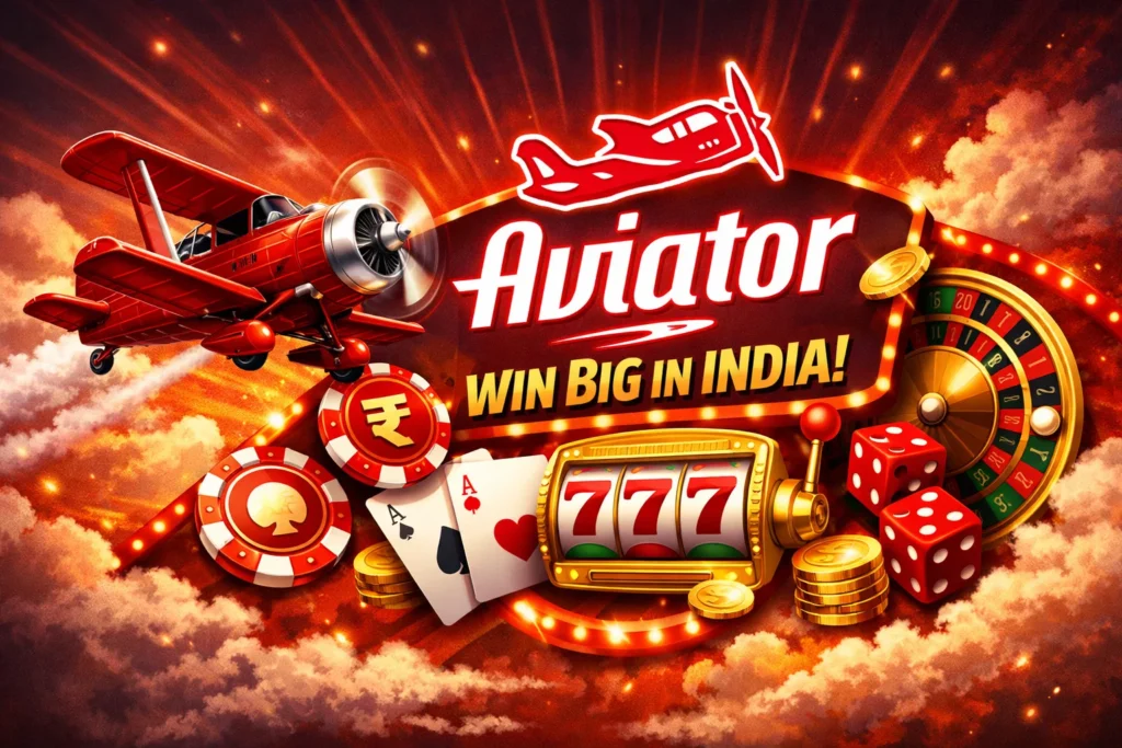 Aviator crash game promo for India: red biplane flying with casino chips, dice, roulette, slot 777, gold coins, and bold text 'WIN BIG IN INDIA!' against dramatic sky